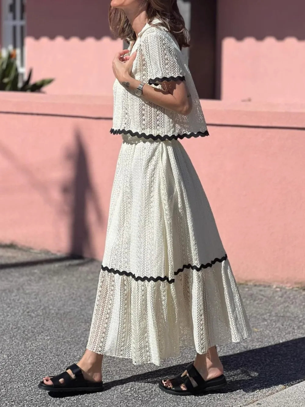 Contrast Trim Openwork Short Sleeve Top and Skirt Set - Grace Beauty H&C 