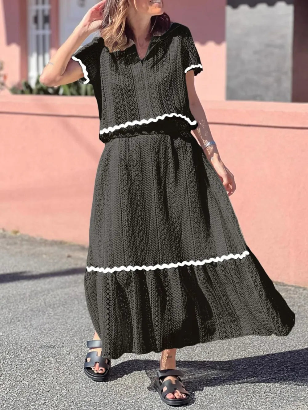 Contrast Trim Openwork Short Sleeve Top and Skirt Set - Grace Beauty H&C 