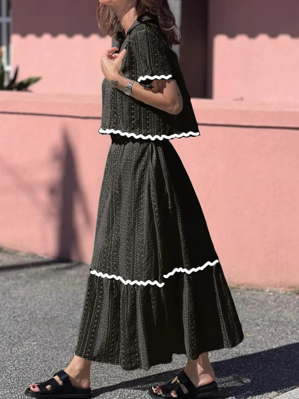 Contrast Trim Openwork Short Sleeve Top and Skirt Set - Grace Beauty H&C 