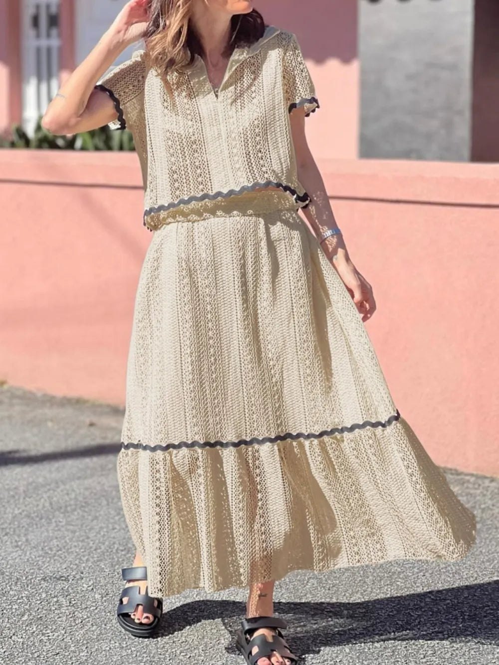 Contrast Trim Openwork Short Sleeve Top and Skirt Set - Grace Beauty H&C 