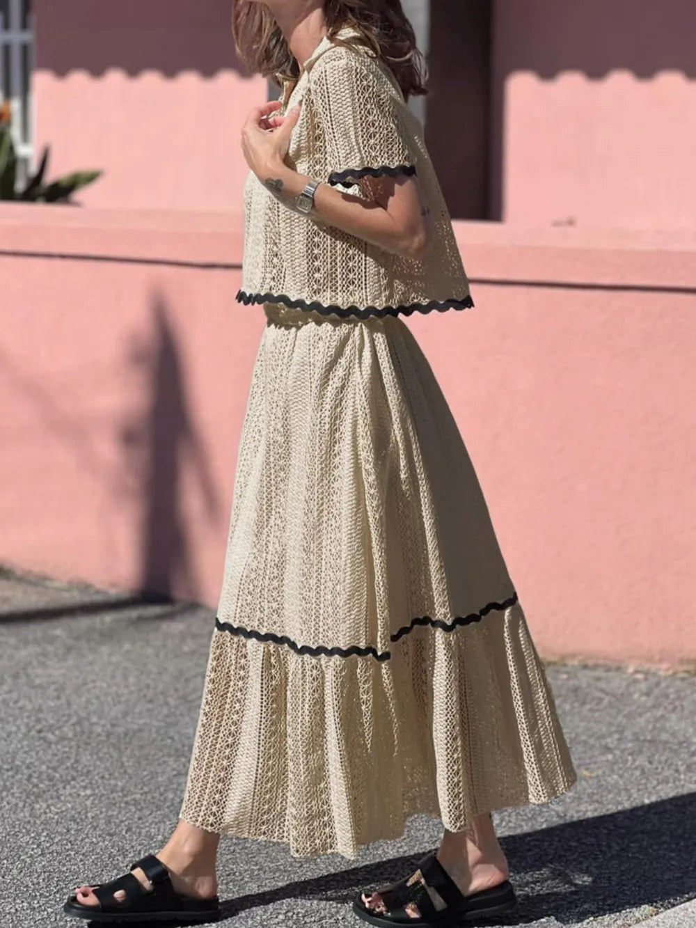 Contrast Trim Openwork Short Sleeve Top and Skirt Set - Grace Beauty H&C 