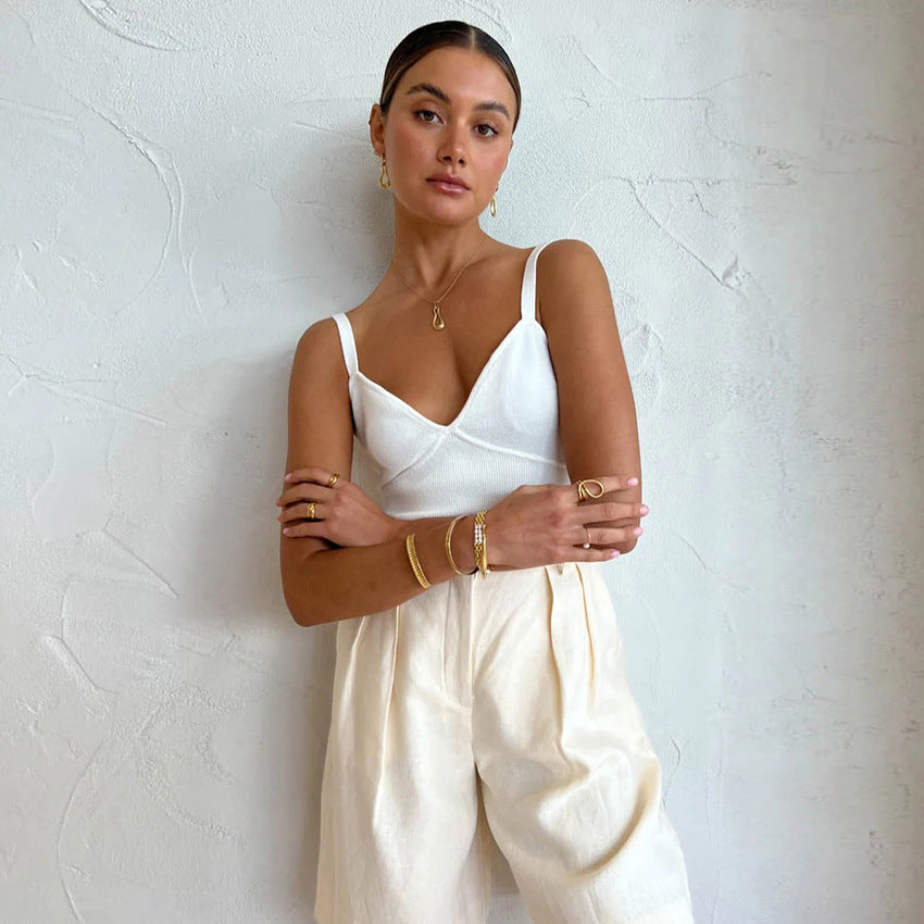 Cotton-Linen Vest and Shorts Two-Piece Set - Grace Beauty H&C 