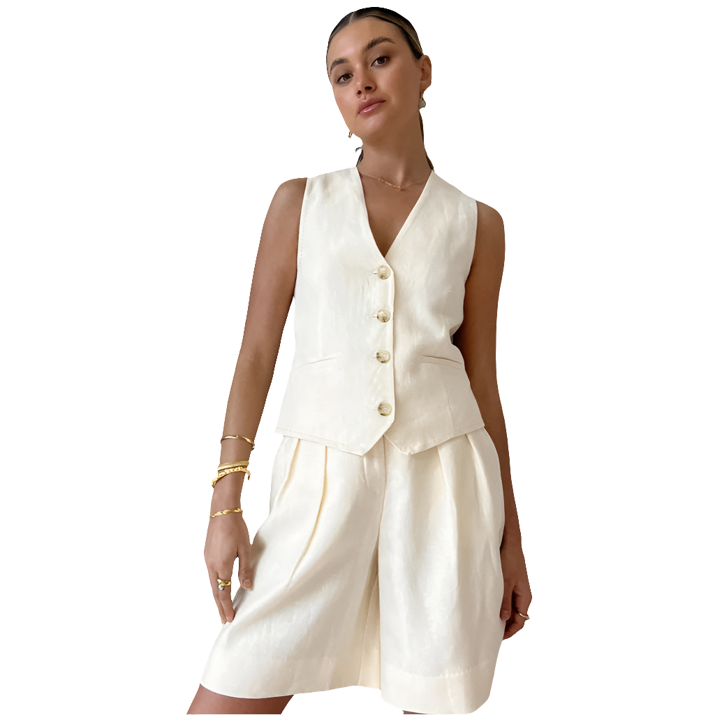 Cotton-Linen Vest and Shorts Two-Piece Set - Grace Beauty H&C 