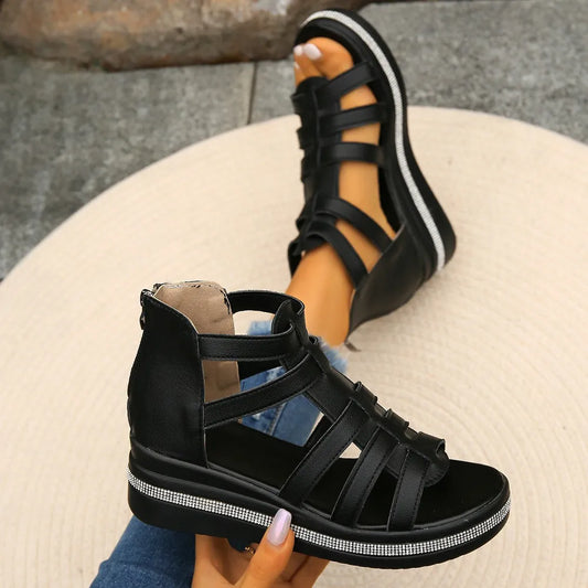 Cutout Rhinestone Trim Wedge Sandals - Grace Beauty H&C 