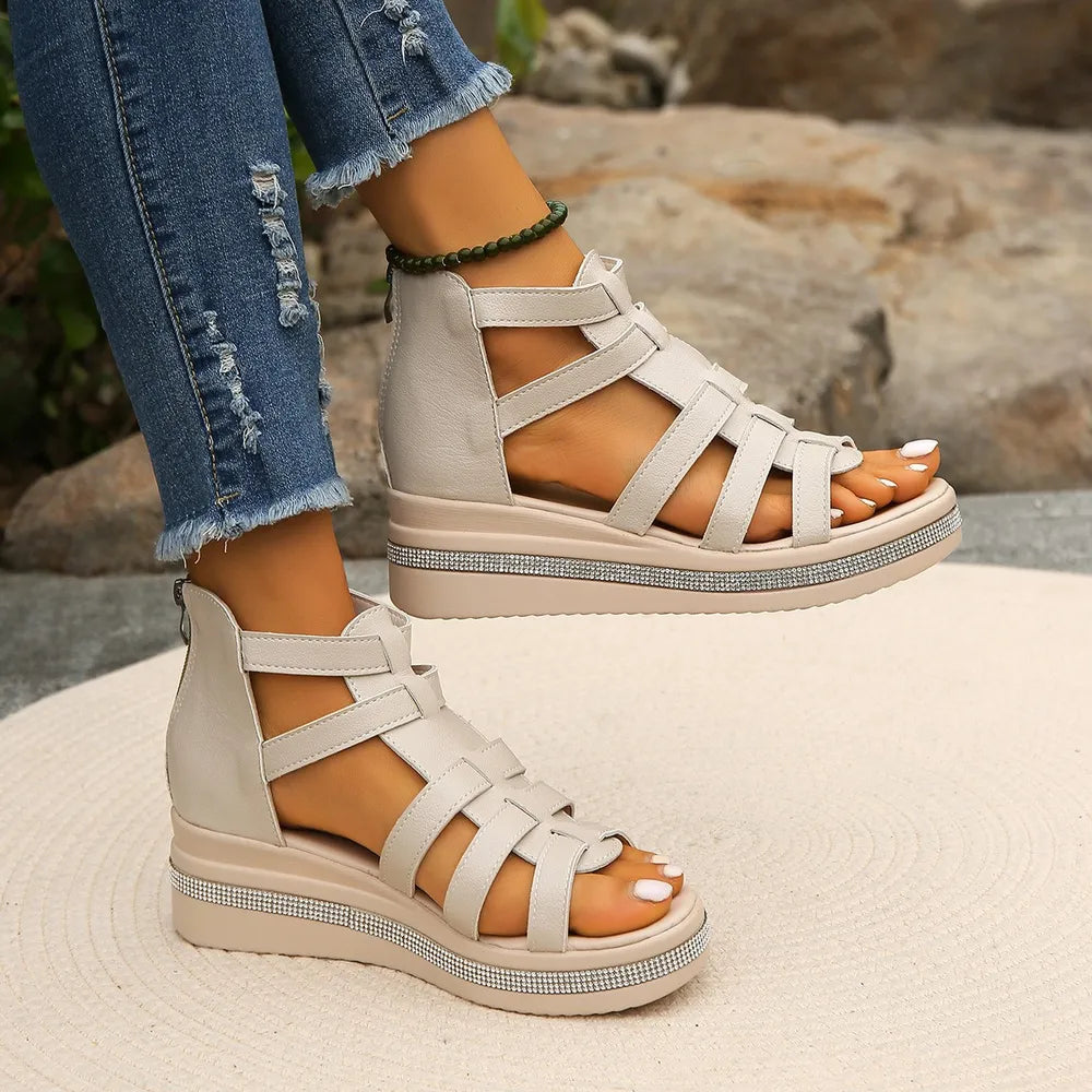 Cutout Rhinestone Trim Wedge Sandals - Grace Beauty H&C 