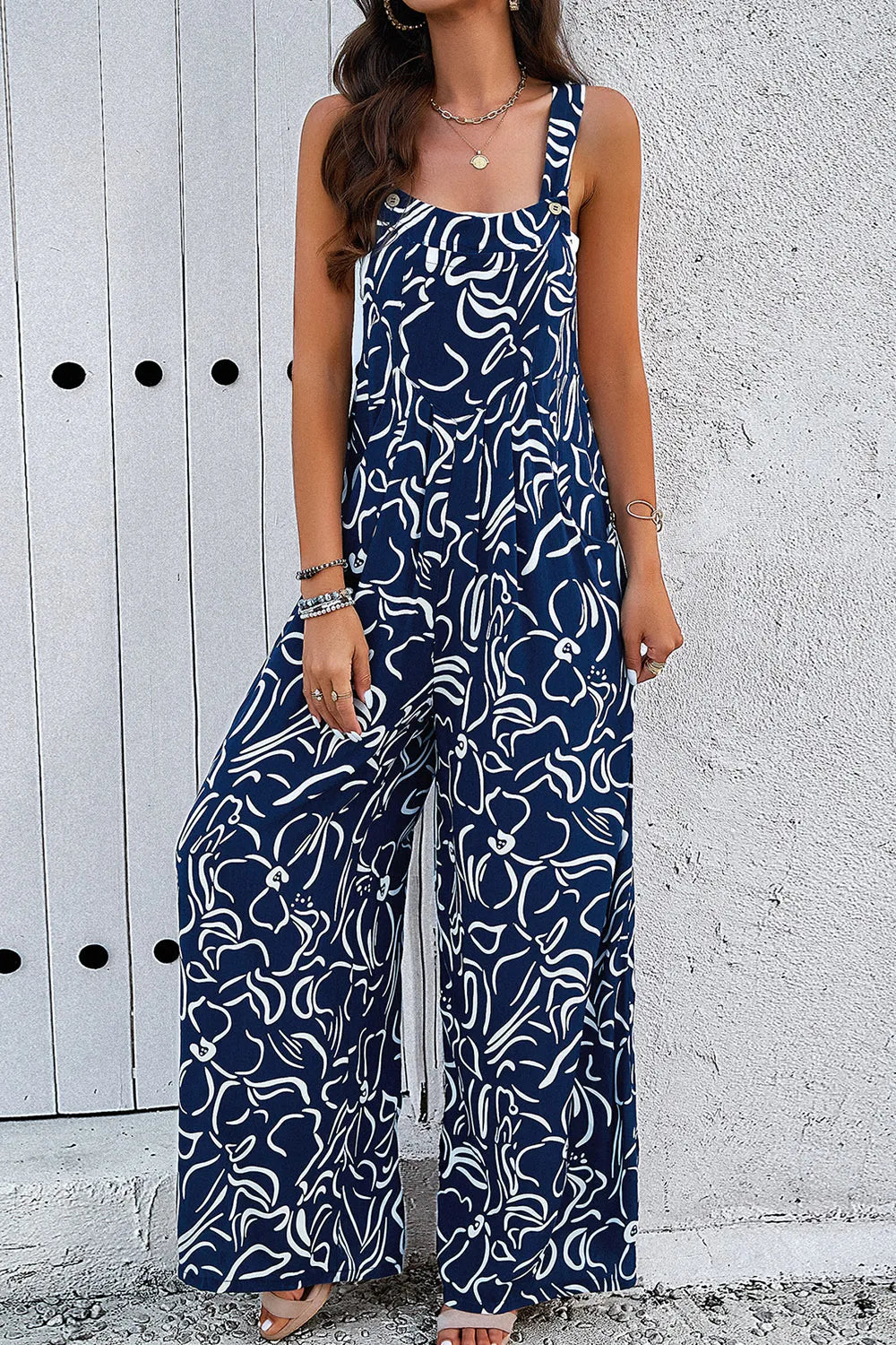 Devine Printed Wide Strap Jumpsuit with Pockets - Grace Beauty H&C 