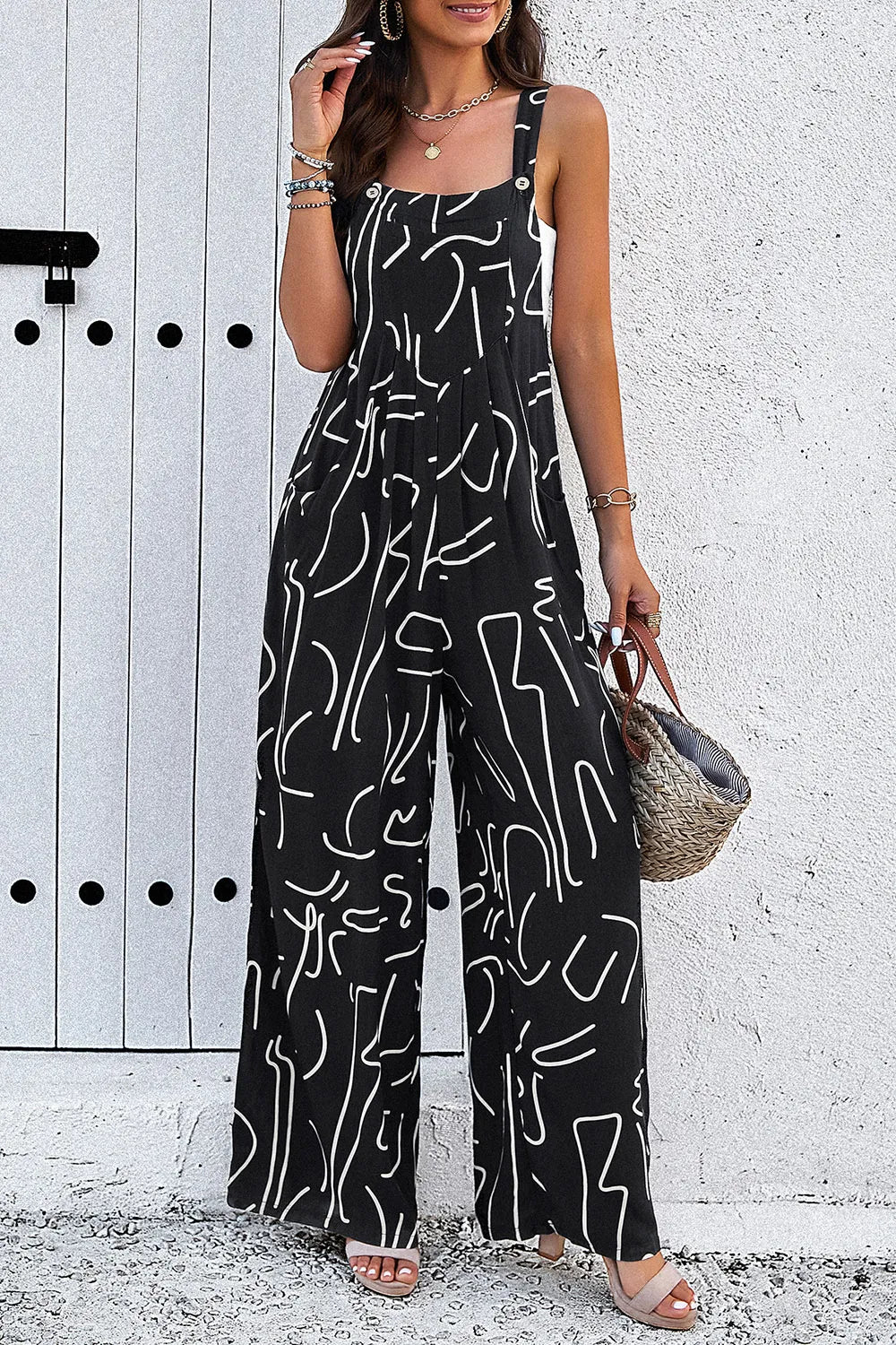 Devine Printed Wide Strap Jumpsuit with Pockets - Grace Beauty H&C 