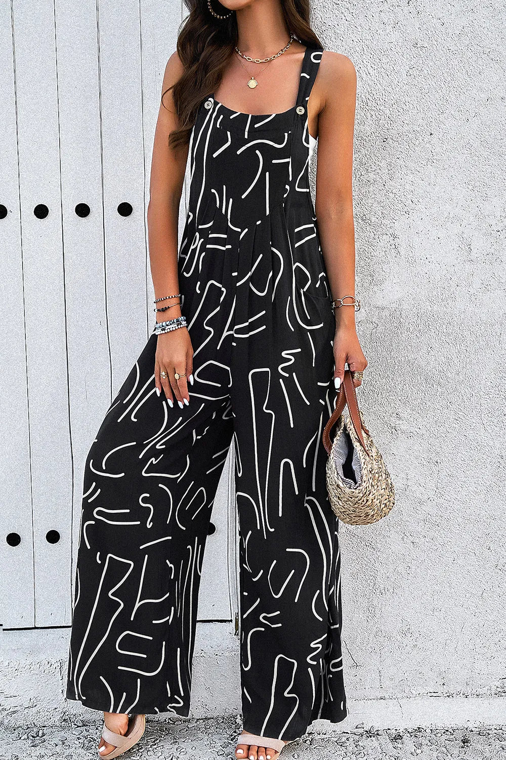 Devine Printed Wide Strap Jumpsuit with Pockets - Grace Beauty H&C 