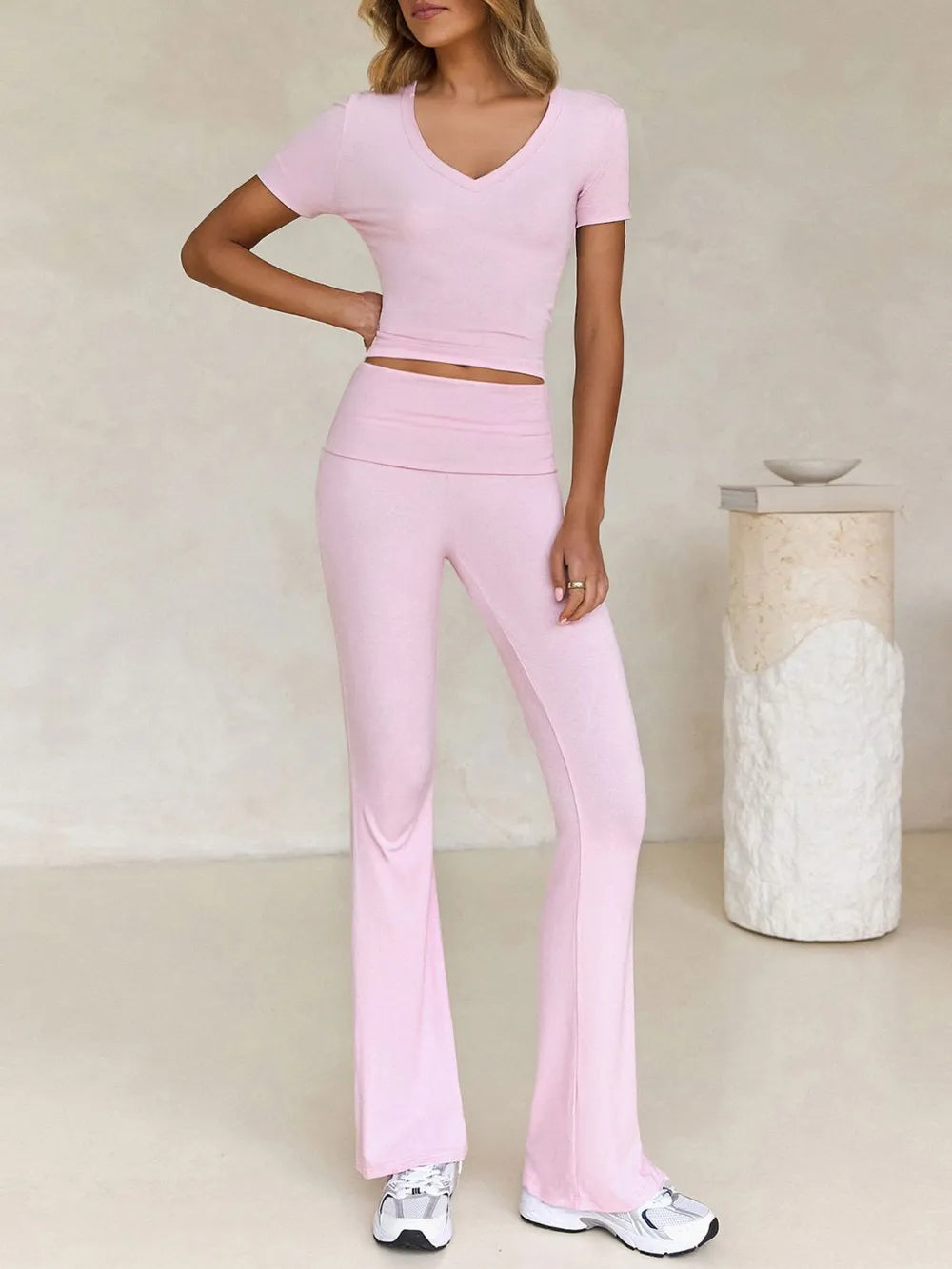 Devine V-Neck Top and Bootcut Leggings Set - Grace Beauty H&C 
