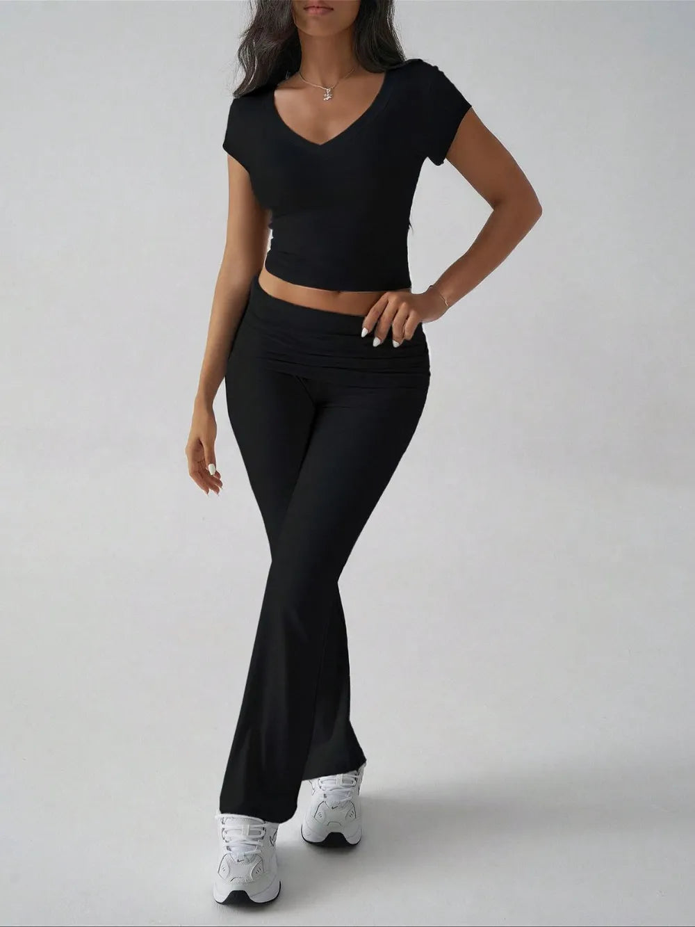 Devine V-Neck Top and Bootcut Leggings Set - Grace Beauty H&C 