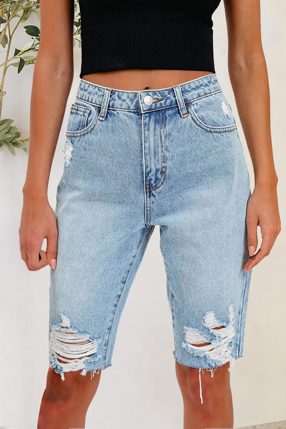 Distressed Pocketed Denim Shorts - Grace Beauty H&C 