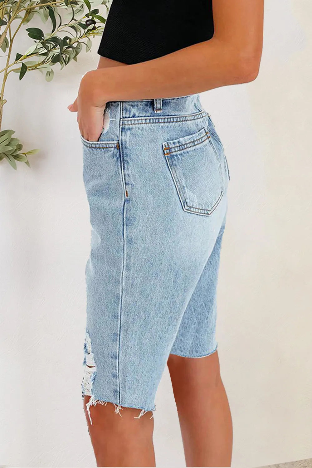 Distressed Pocketed Denim Shorts - Grace Beauty H&C 