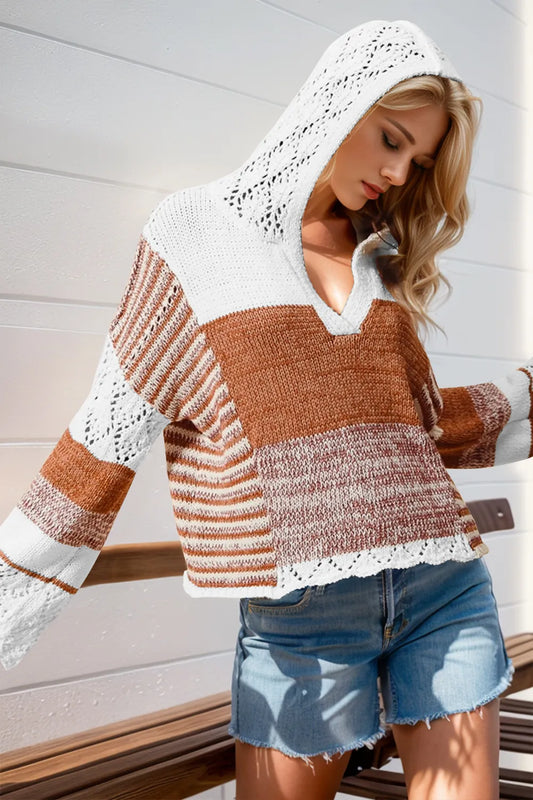 Double Take Full Size Openwork Contrast Long Sleeve Hooded Sweater - Grace Beauty H&C 