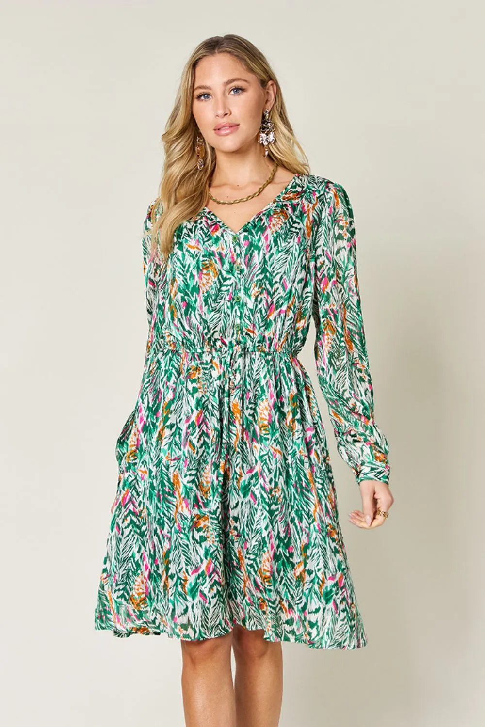 Double Take Full Size Printed Drawstring Waist Long Sleeve Dress - Grace Beauty H&C 