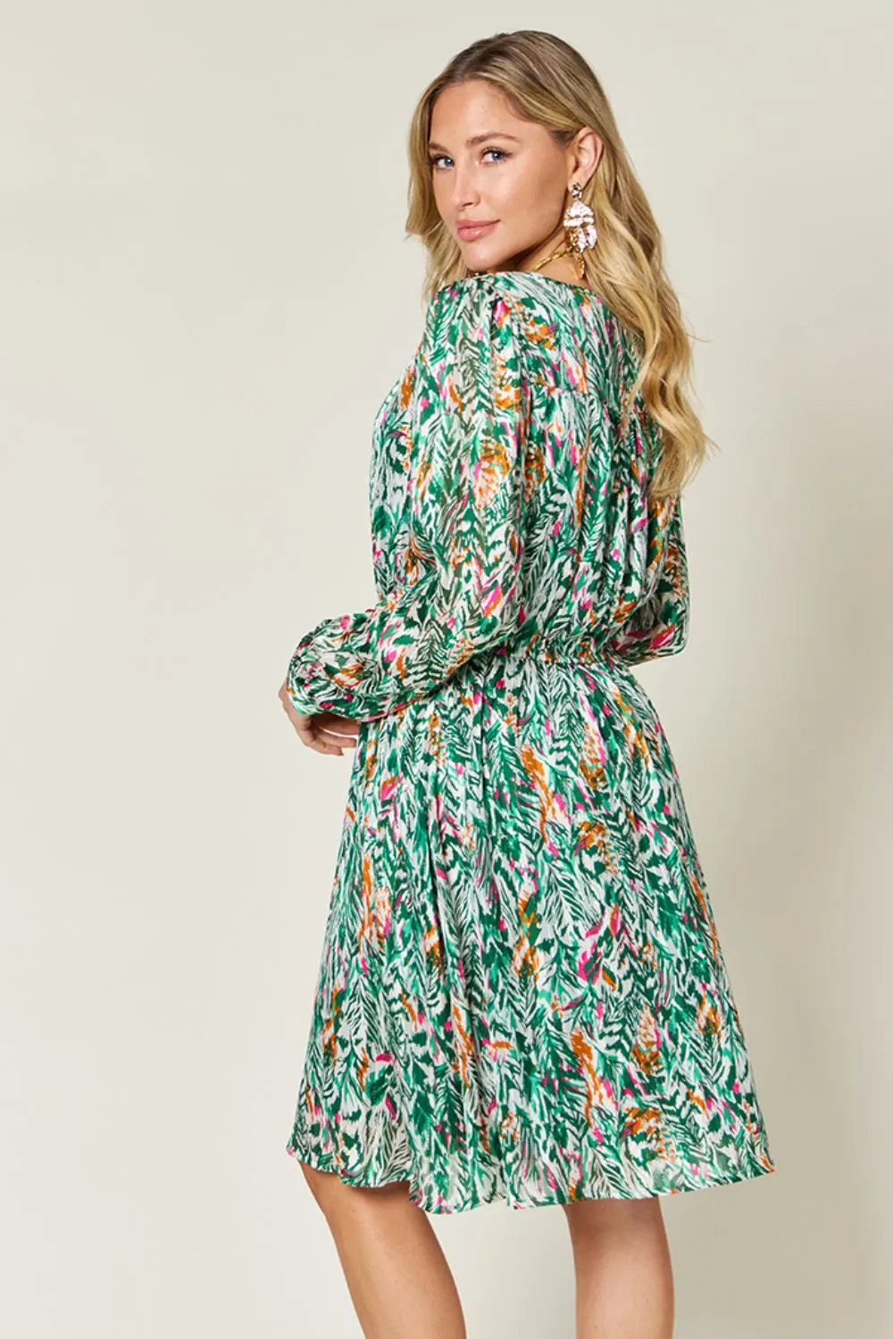 Double Take Full Size Printed Drawstring Waist Long Sleeve Dress - Grace Beauty H&C 