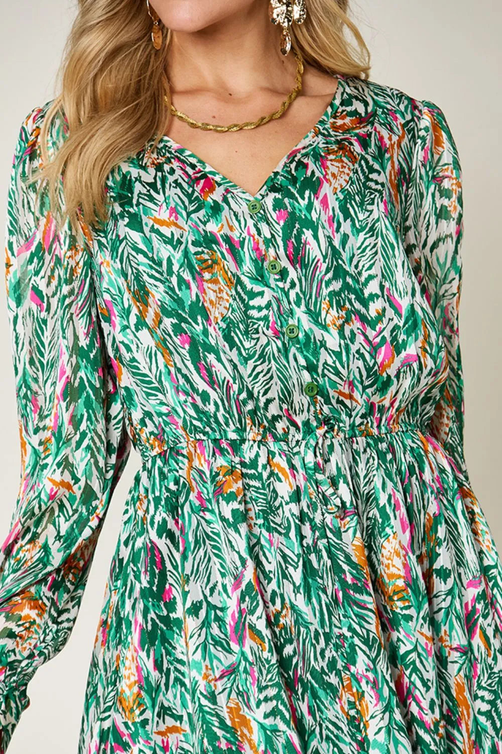 Double Take Full Size Printed Drawstring Waist Long Sleeve Dress - Grace Beauty H&C 