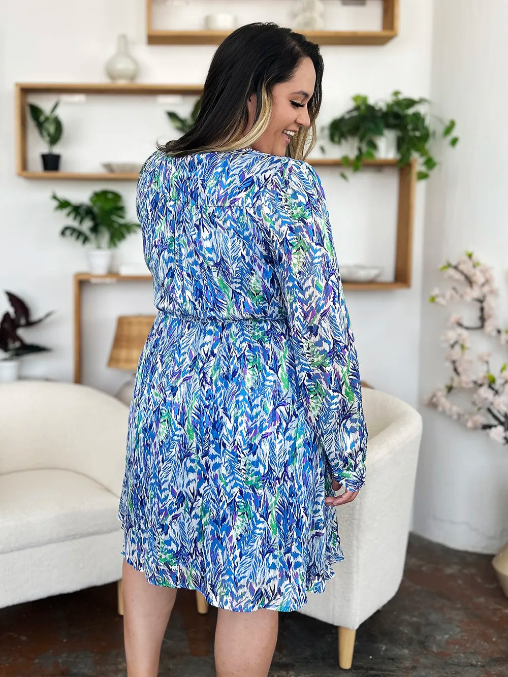 Double Take Full Size Printed Drawstring Waist Long Sleeve Dress - Grace Beauty H&C 