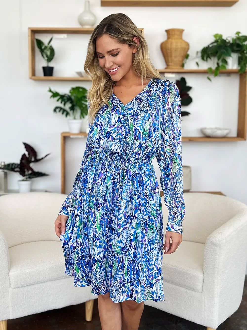 Double Take Full Size Printed Drawstring Waist Long Sleeve Dress - Grace Beauty H&C 