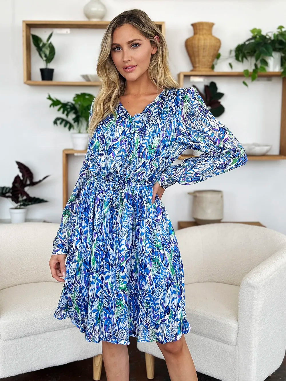 Double Take Full Size Printed Drawstring Waist Long Sleeve Dress - Grace Beauty H&C 