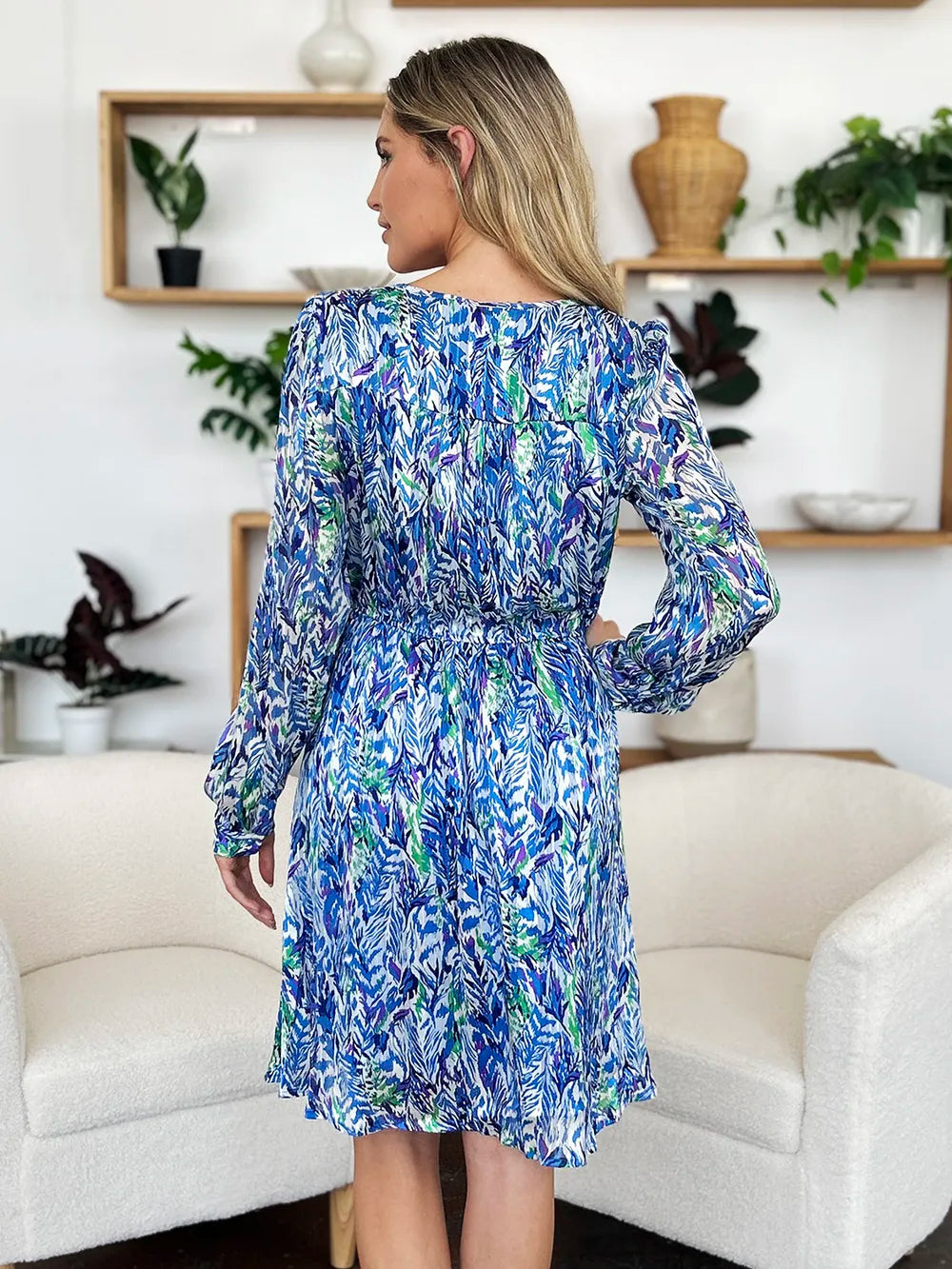 Double Take Full Size Printed Drawstring Waist Long Sleeve Dress - Grace Beauty H&C 