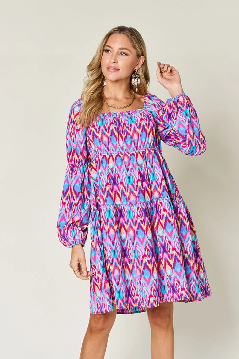 Double Take Full Size Printed Long Sleeve Dress - Grace Beauty H&C 