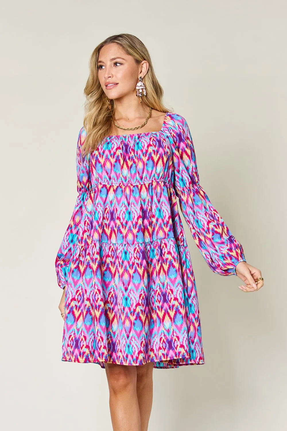 Double Take Full Size Printed Long Sleeve Dress - Grace Beauty H&C 
