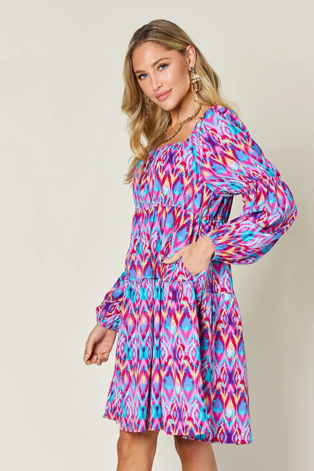 Double Take Full Size Printed Long Sleeve Dress - Grace Beauty H&C 