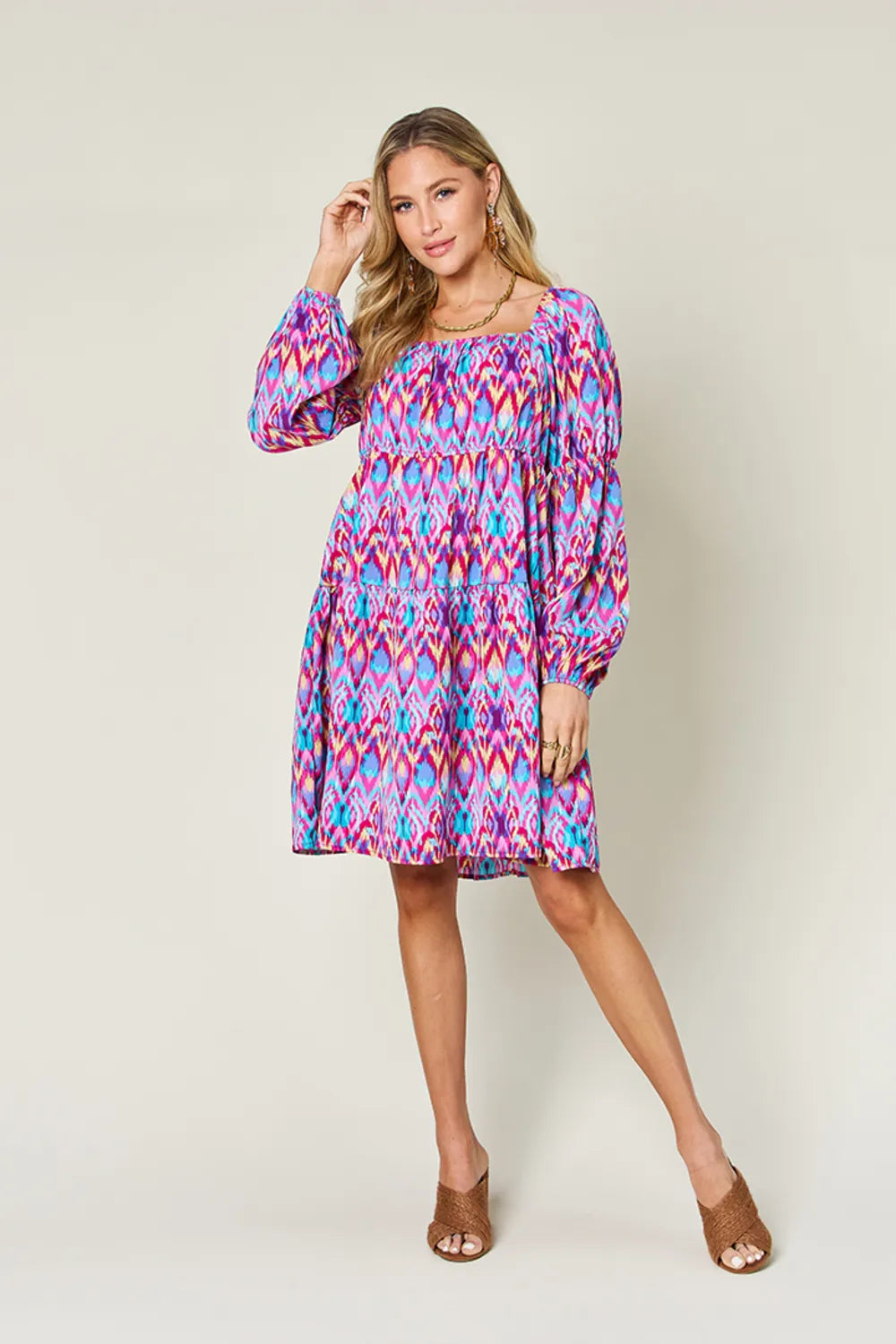 Double Take Full Size Printed Long Sleeve Dress - Grace Beauty H&C 