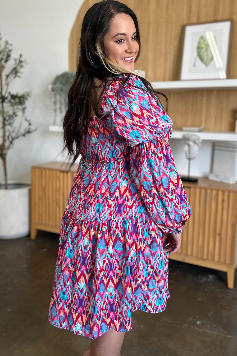 Double Take Full Size Printed Long Sleeve Dress - Grace Beauty H&C 