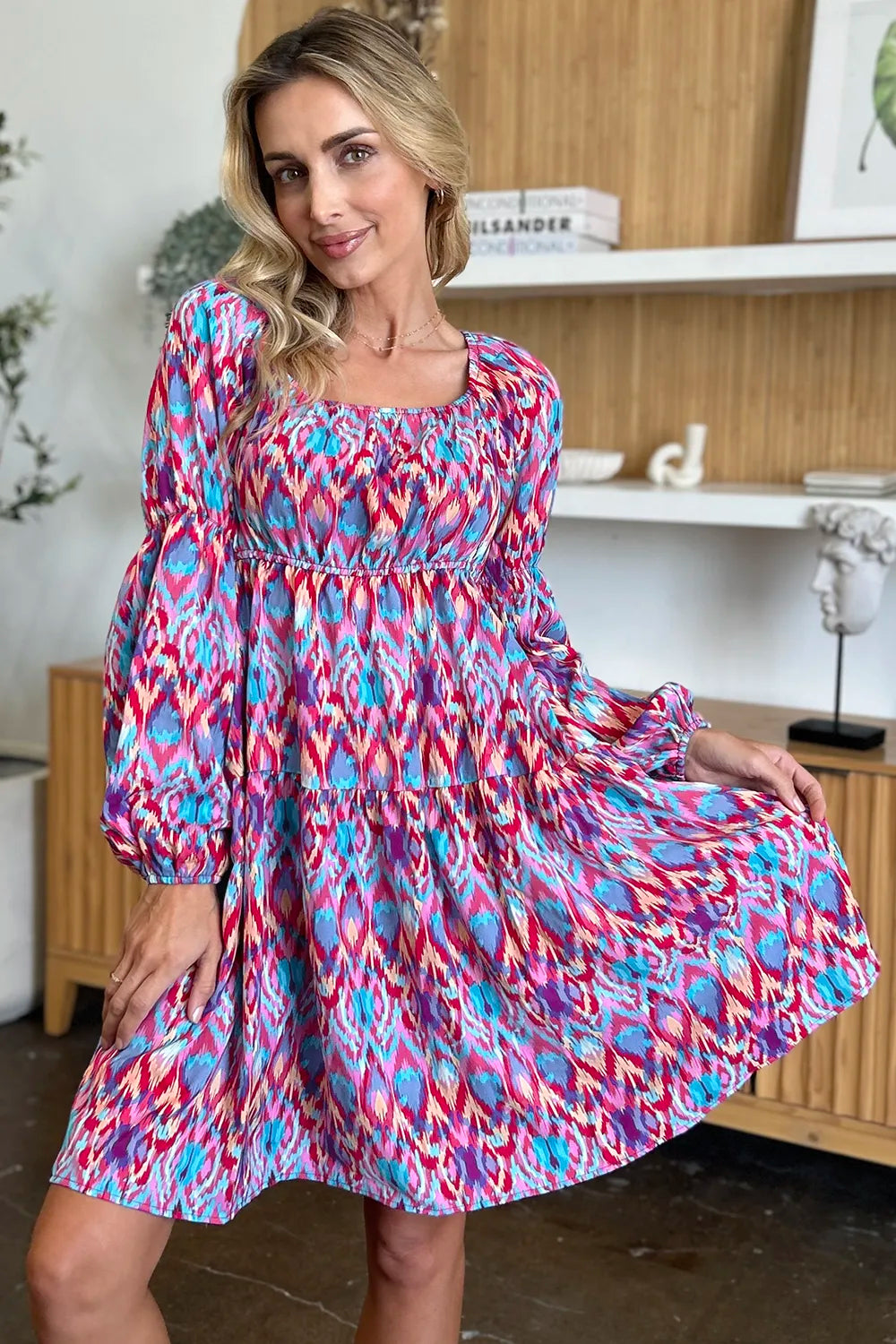 Double Take Full Size Printed Long Sleeve Dress - Grace Beauty H&C 