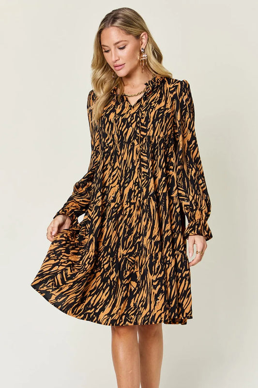 Double Take Full Size Printed Ruffle Hem Long Sleeve Dress - Grace Beauty H&C 