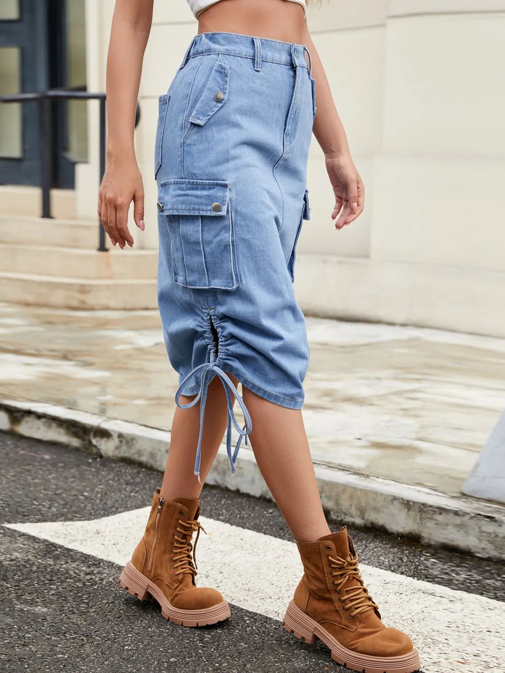 Drawstring Denim Skirt with Cargo Pockets - Grace Beauty H&C 