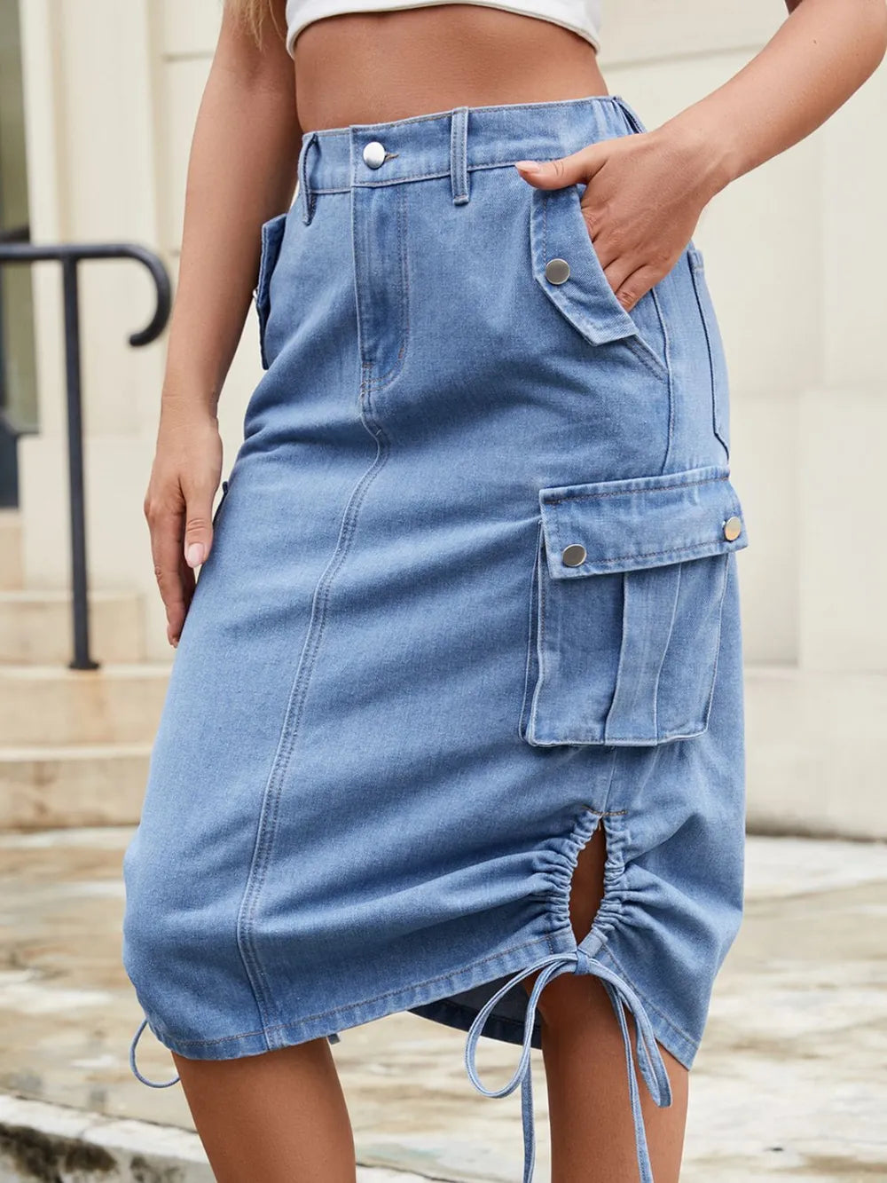 Drawstring Denim Skirt with Cargo Pockets - Grace Beauty H&C 
