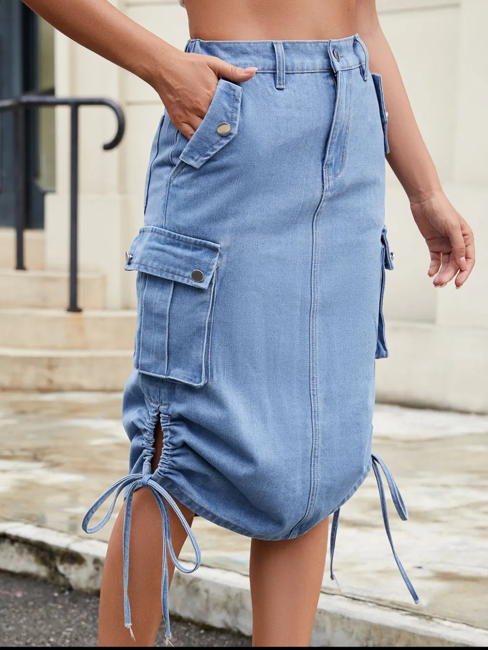 Drawstring Denim Skirt with Cargo Pockets - Grace Beauty H&C 