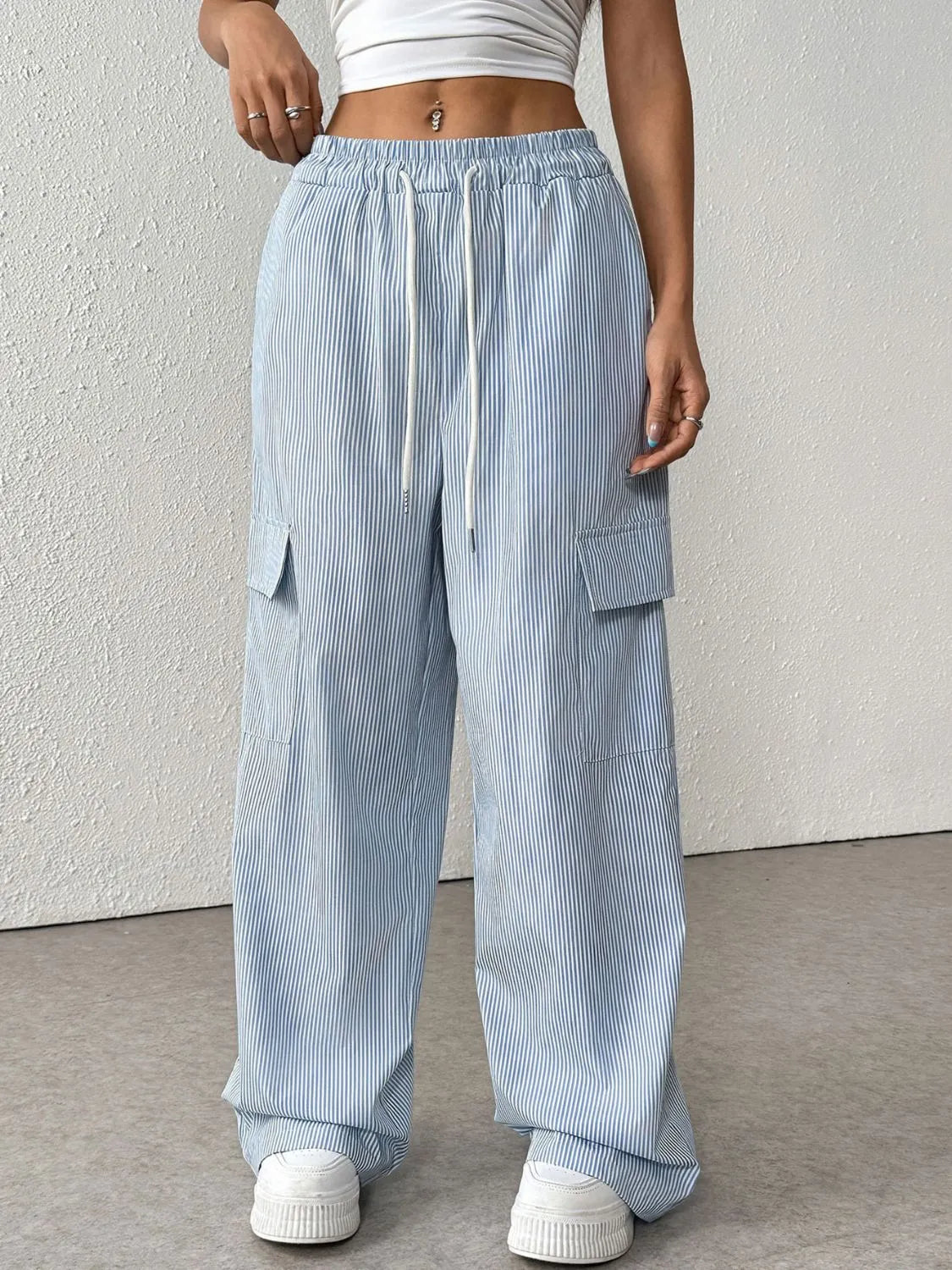 Drawstring Striped Wide Leg Cargo Pants - Grace Beauty H&C 