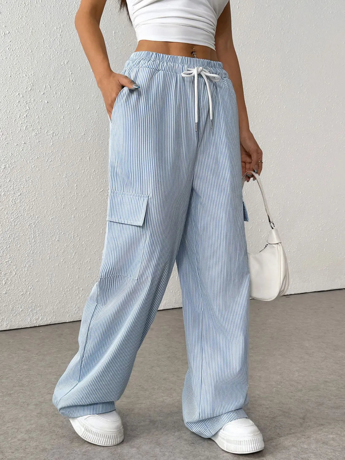 Drawstring Striped Wide Leg Cargo Pants - Grace Beauty H&C 