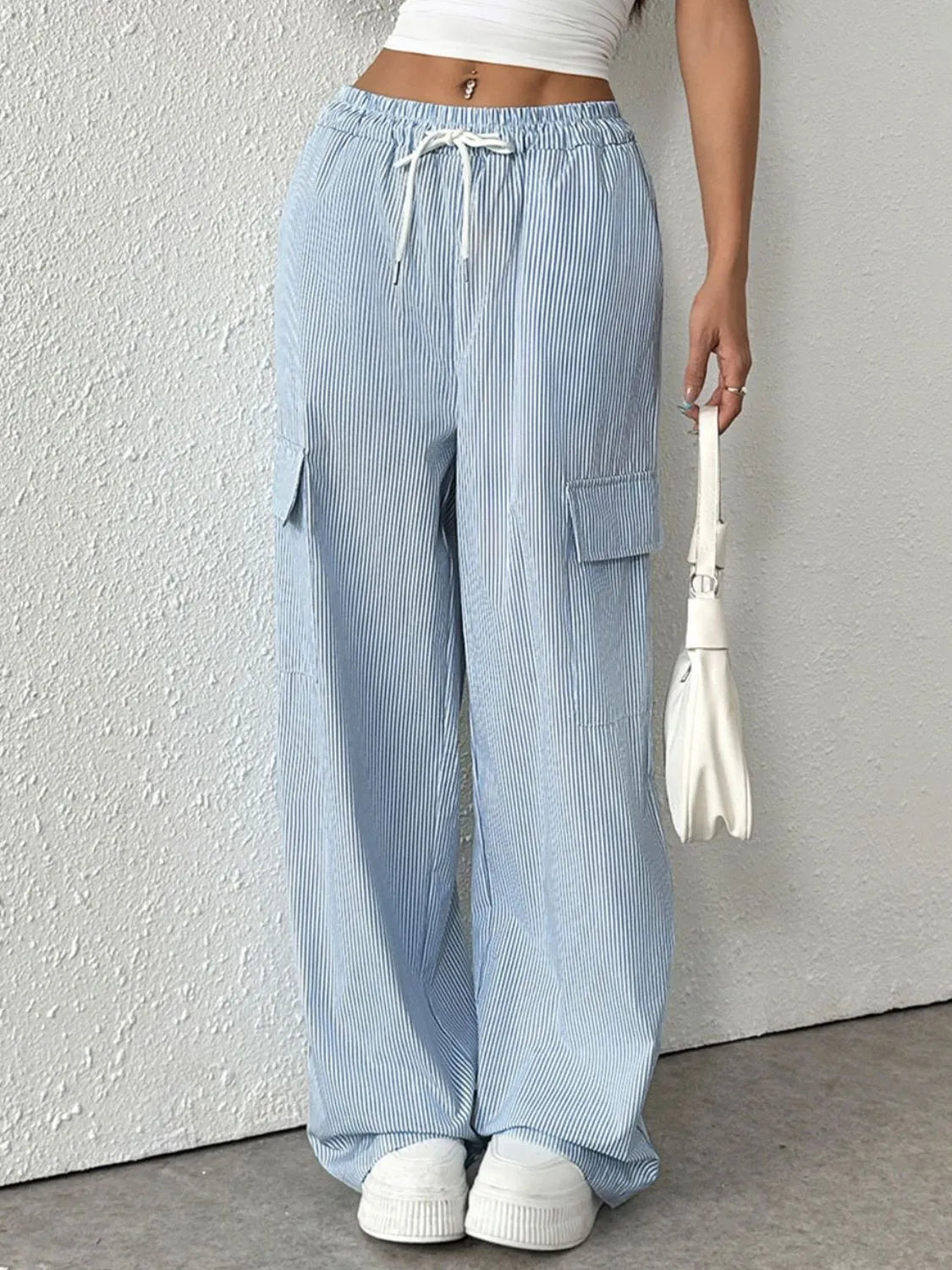 Drawstring Striped Wide Leg Cargo Pants - Grace Beauty H&C 