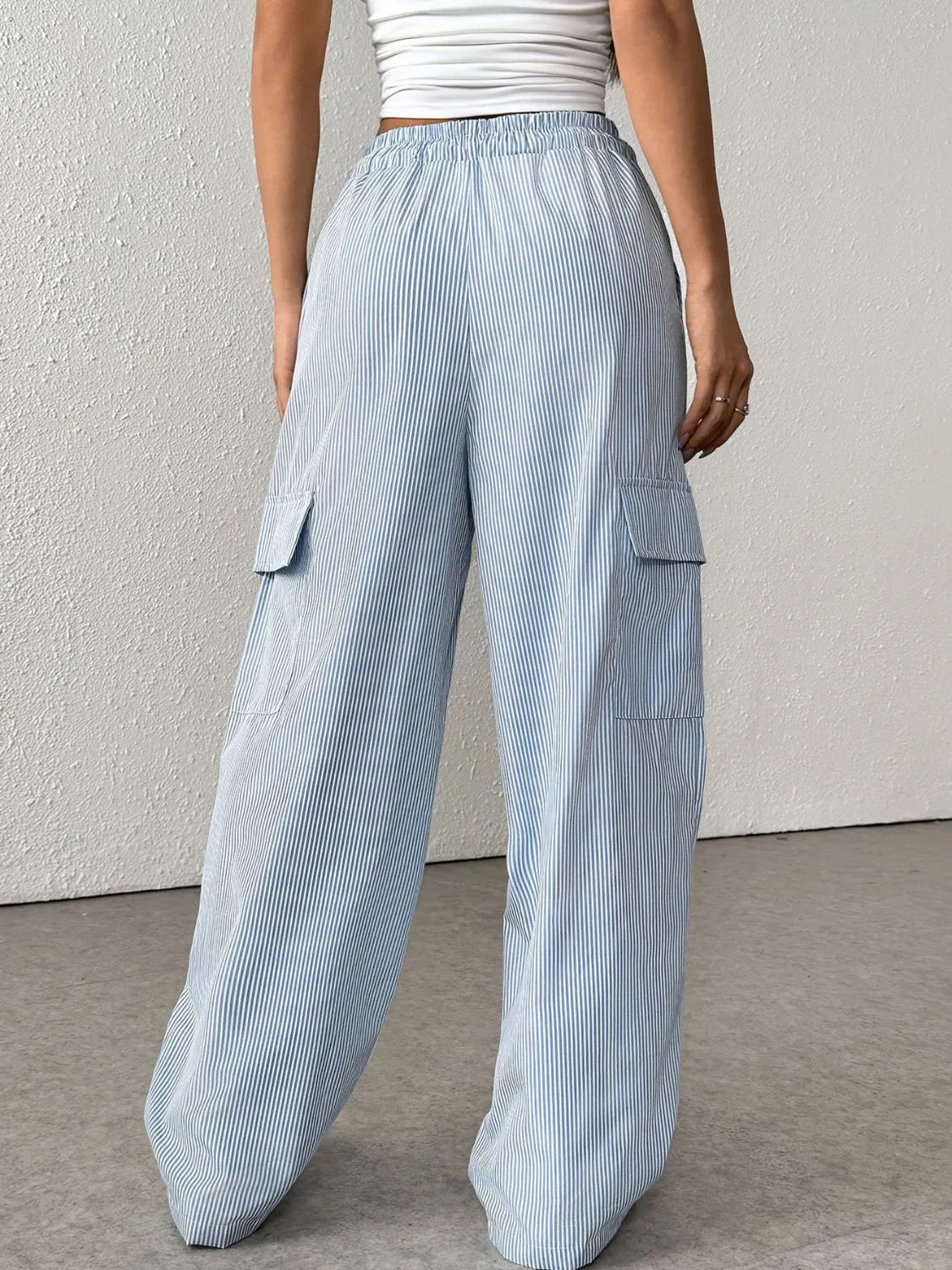 Drawstring Striped Wide Leg Cargo Pants - Grace Beauty H&C 