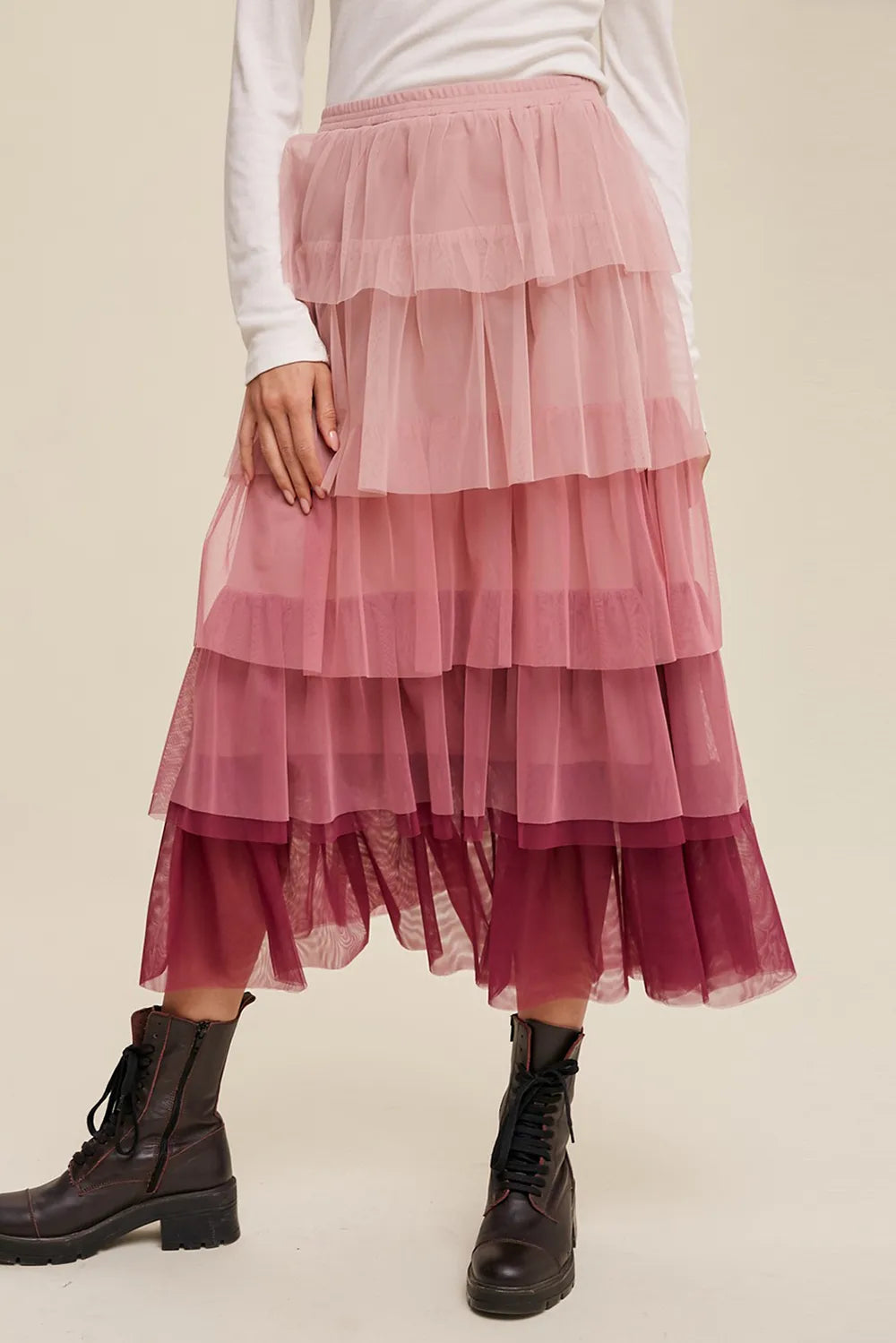 Elastic Waist Layered Tulle Midi Skirt - Grace Beauty H&C 