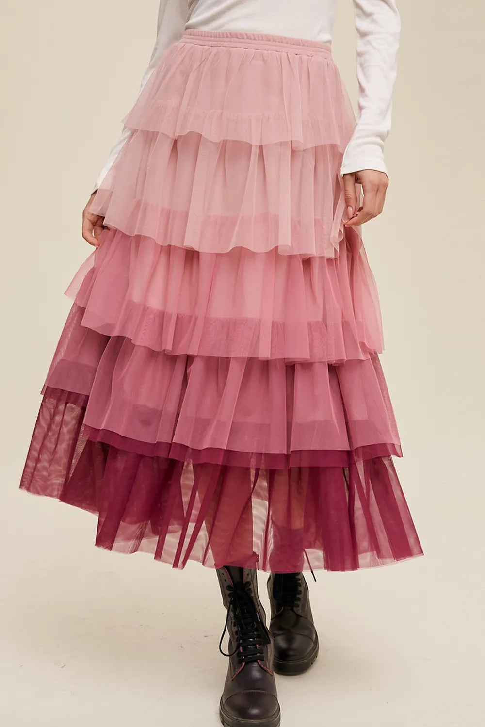 Elastic Waist Layered Tulle Midi Skirt - Grace Beauty H&C 