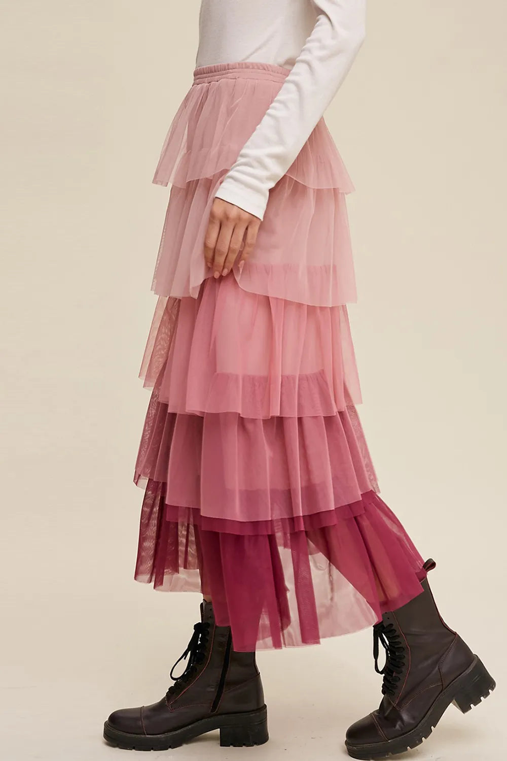 Elastic Waist Layered Tulle Midi Skirt - Grace Beauty H&C 