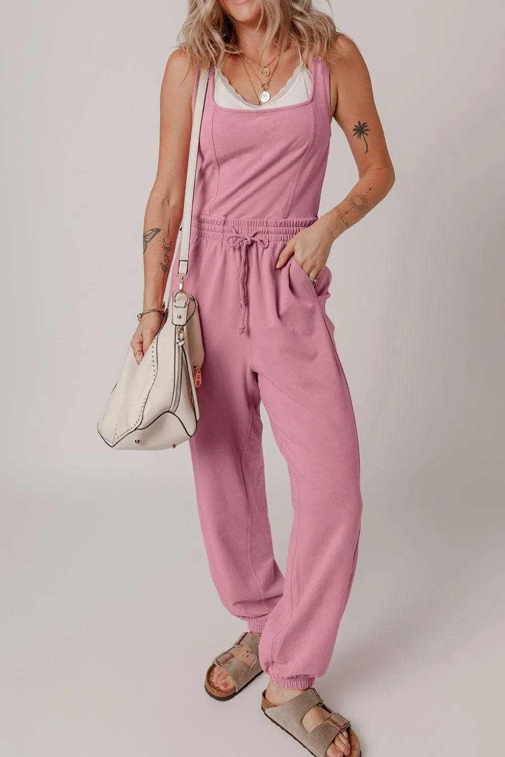 Elastic Waist Sleeveless Square Neck Jumpsuit – Chic One-Piece Outfit - Grace Beauty H&C 