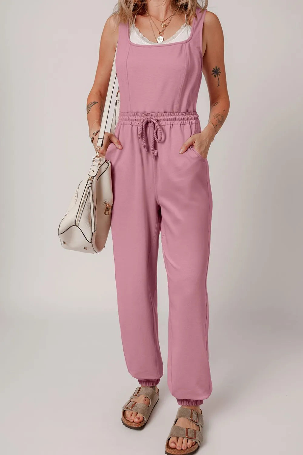 Elastic Waist Sleeveless Square Neck Jumpsuit – Chic One-Piece Outfit - Grace Beauty H&C 