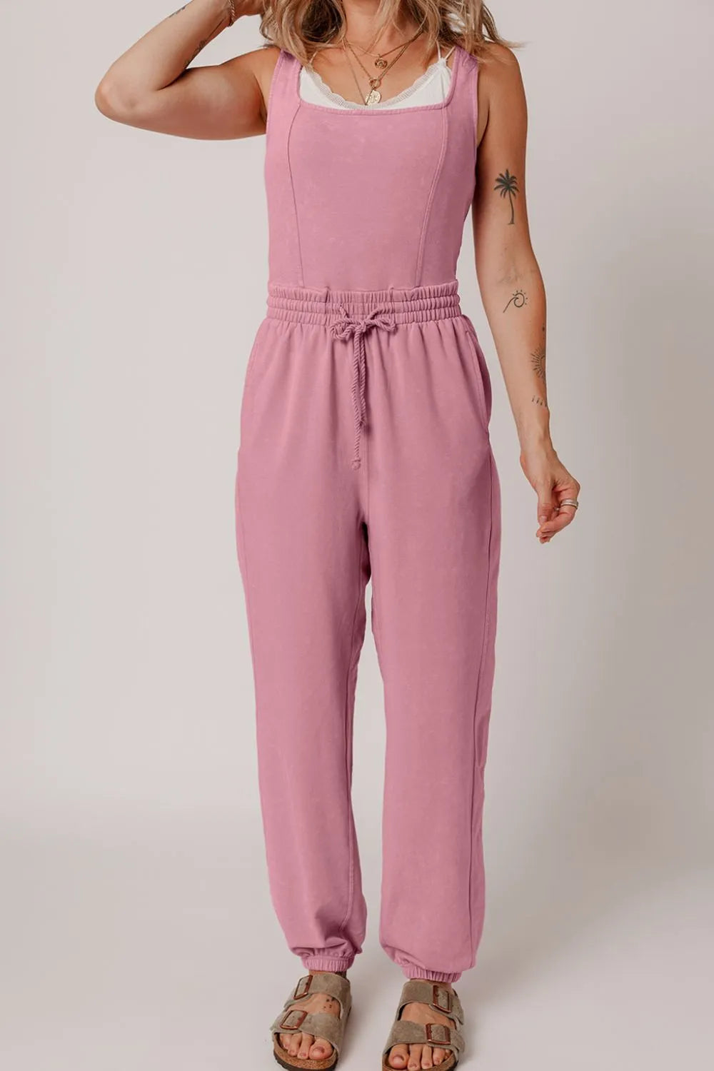 Elastic Waist Sleeveless Square Neck Jumpsuit – Chic One-Piece Outfit - Grace Beauty H&C 