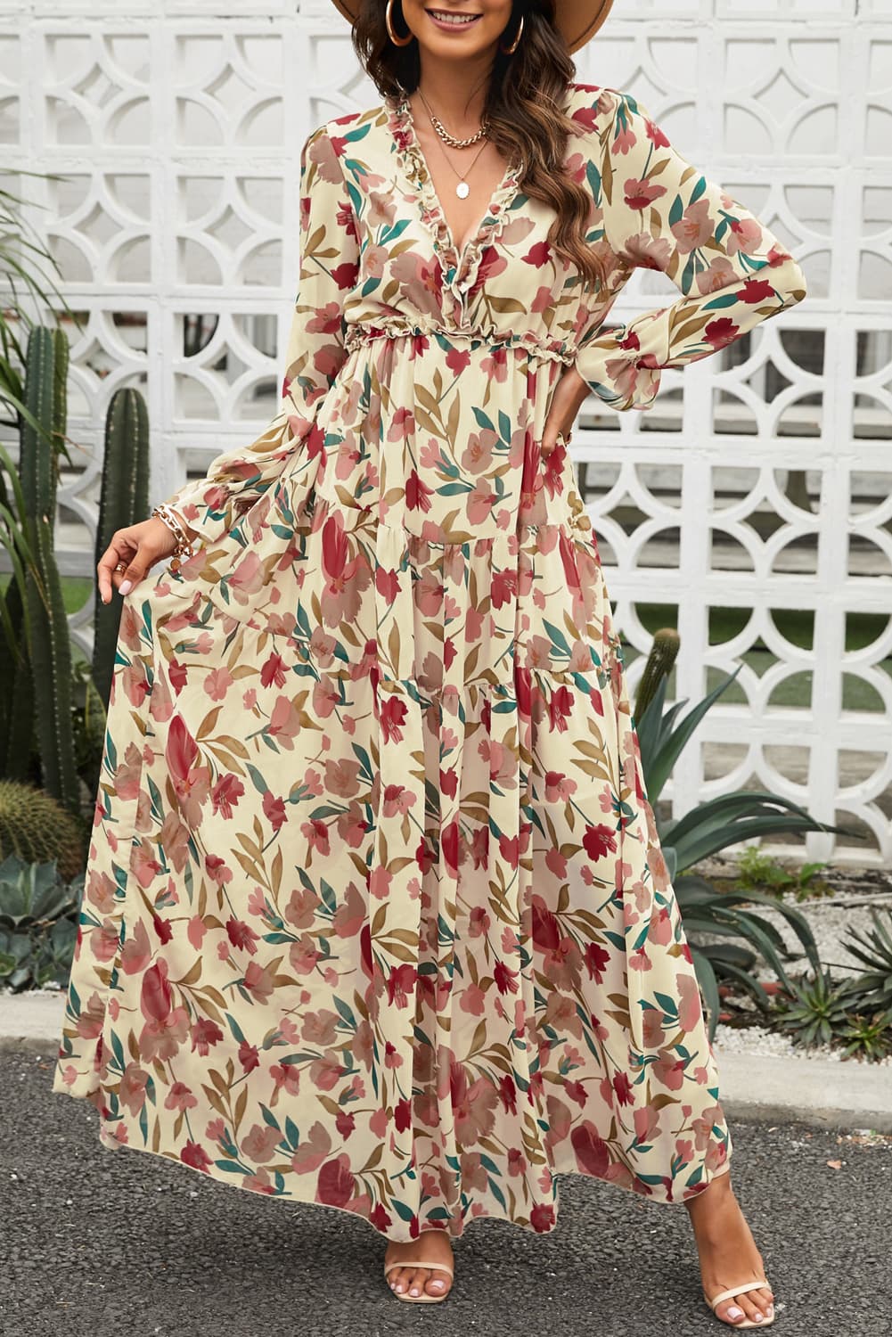Floral Frill Trim Flounce Sleeve Plunge Maxi Dress - Grace Beauty H&C 