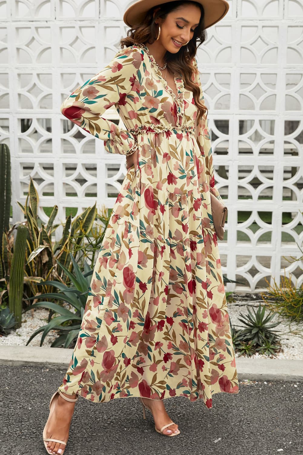 Floral Frill Trim Flounce Sleeve Plunge Maxi Dress - Grace Beauty H&C 