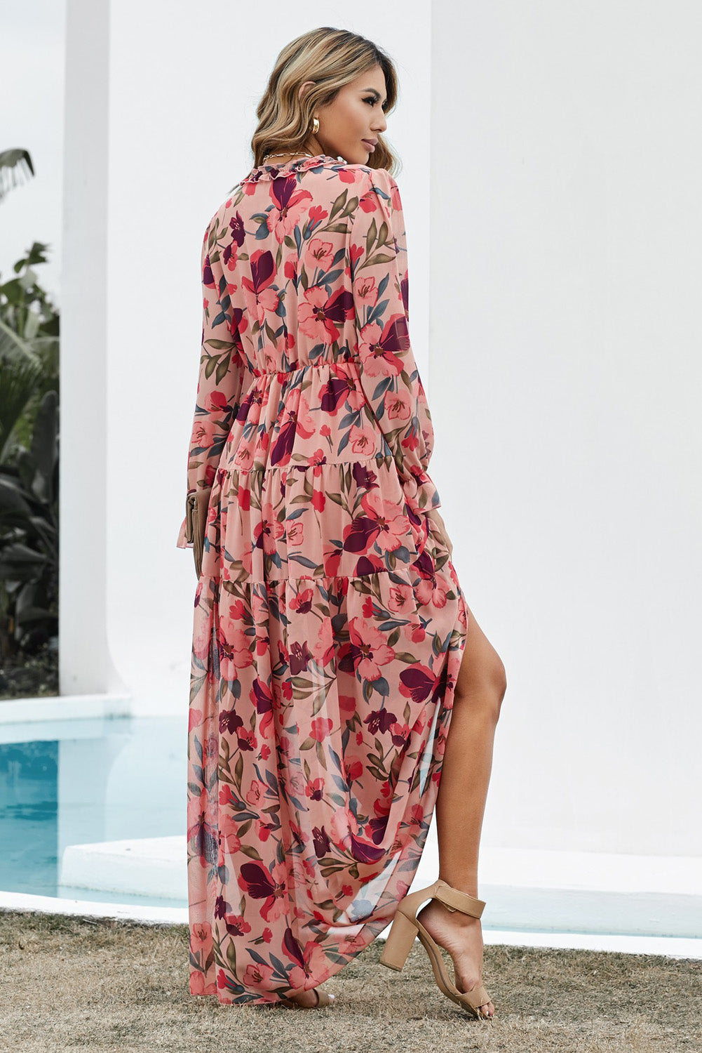 Floral Frill Trim Flounce Sleeve Plunge Maxi Dress - Grace Beauty H&C 