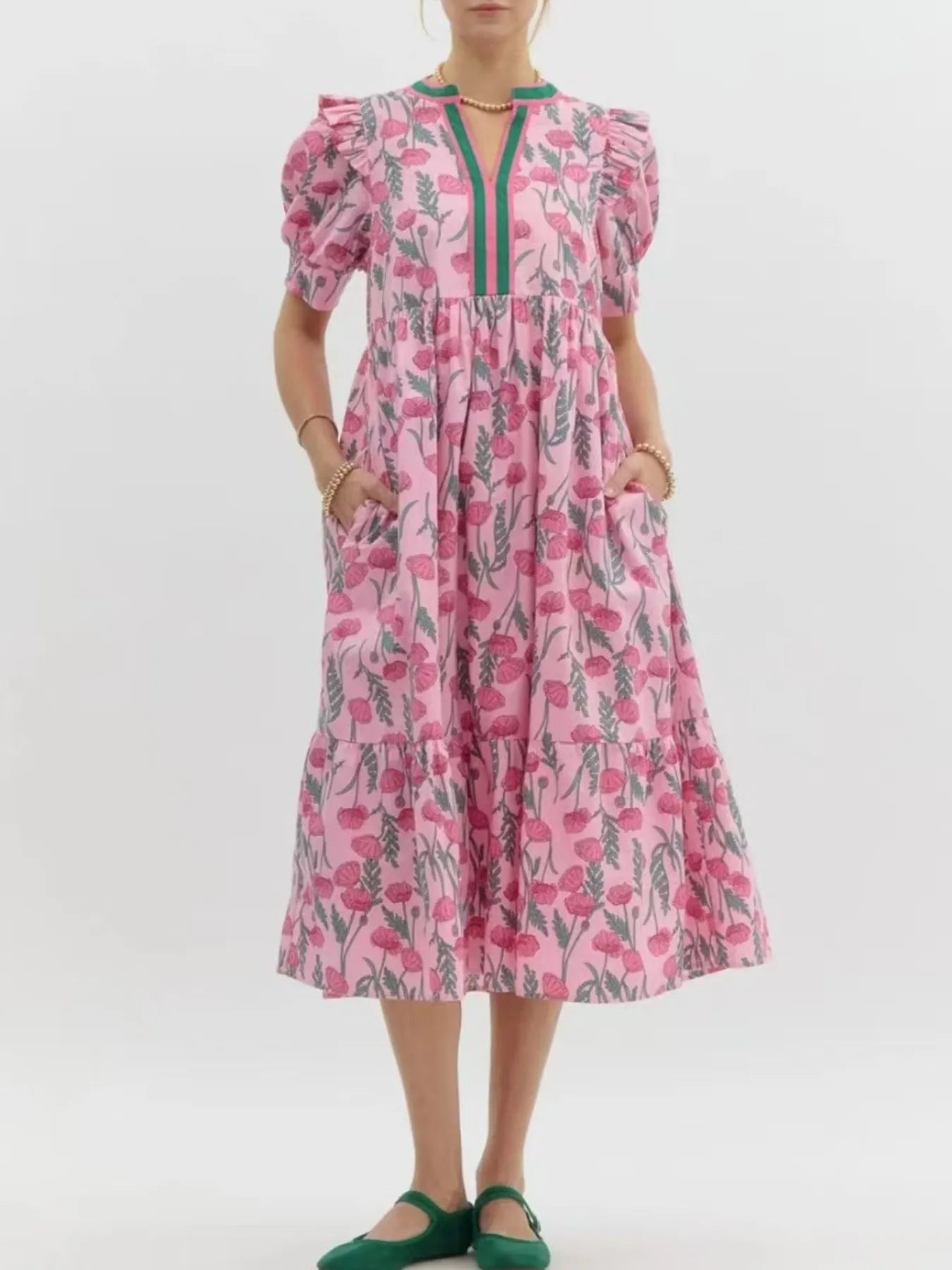 Floral Puff Sleeve Midi ruffed Dress with Contrast Trim - Grace Beauty H&C 