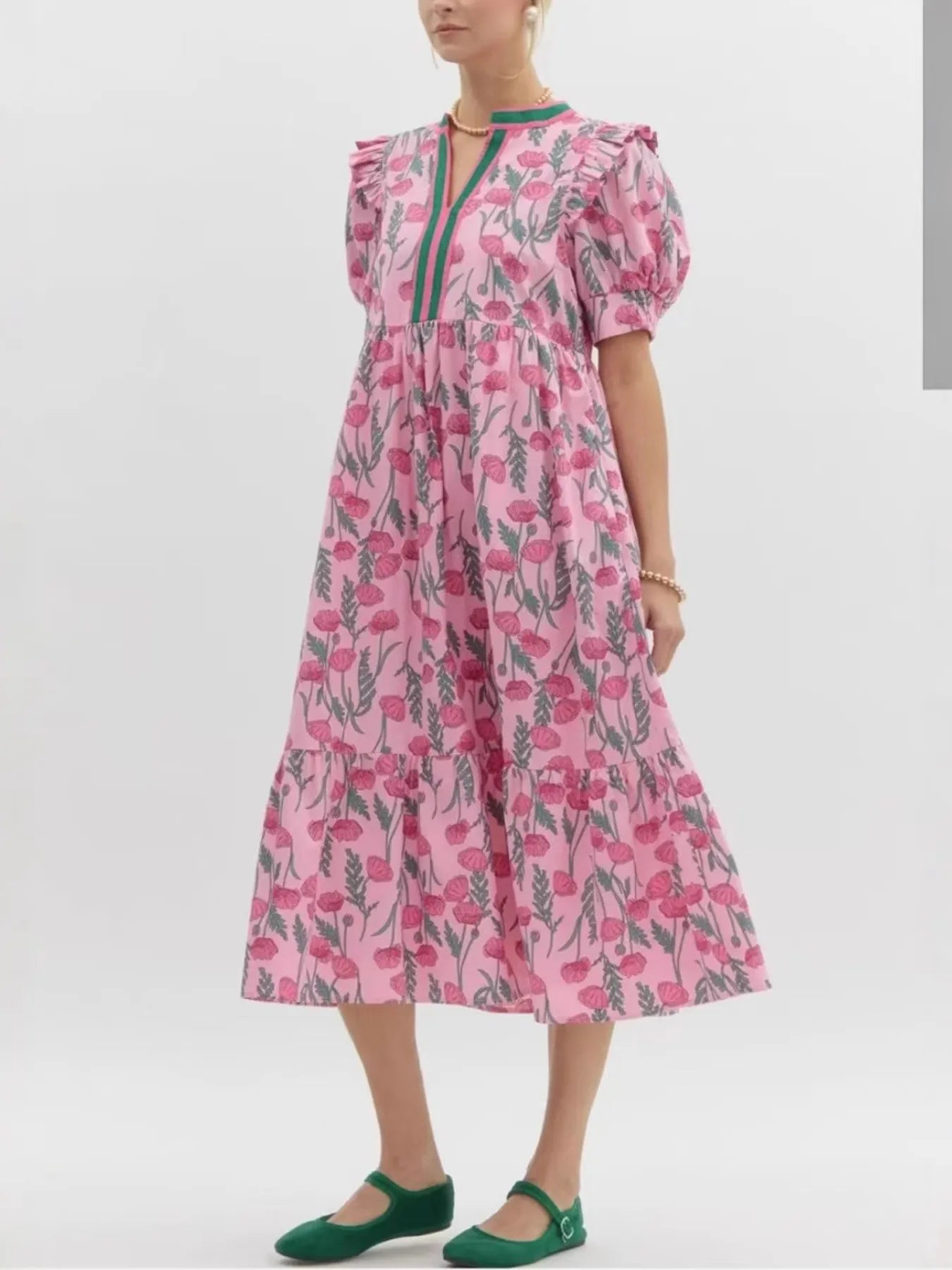 Floral Puff Sleeve Midi ruffed Dress with Contrast Trim - Grace Beauty H&C 