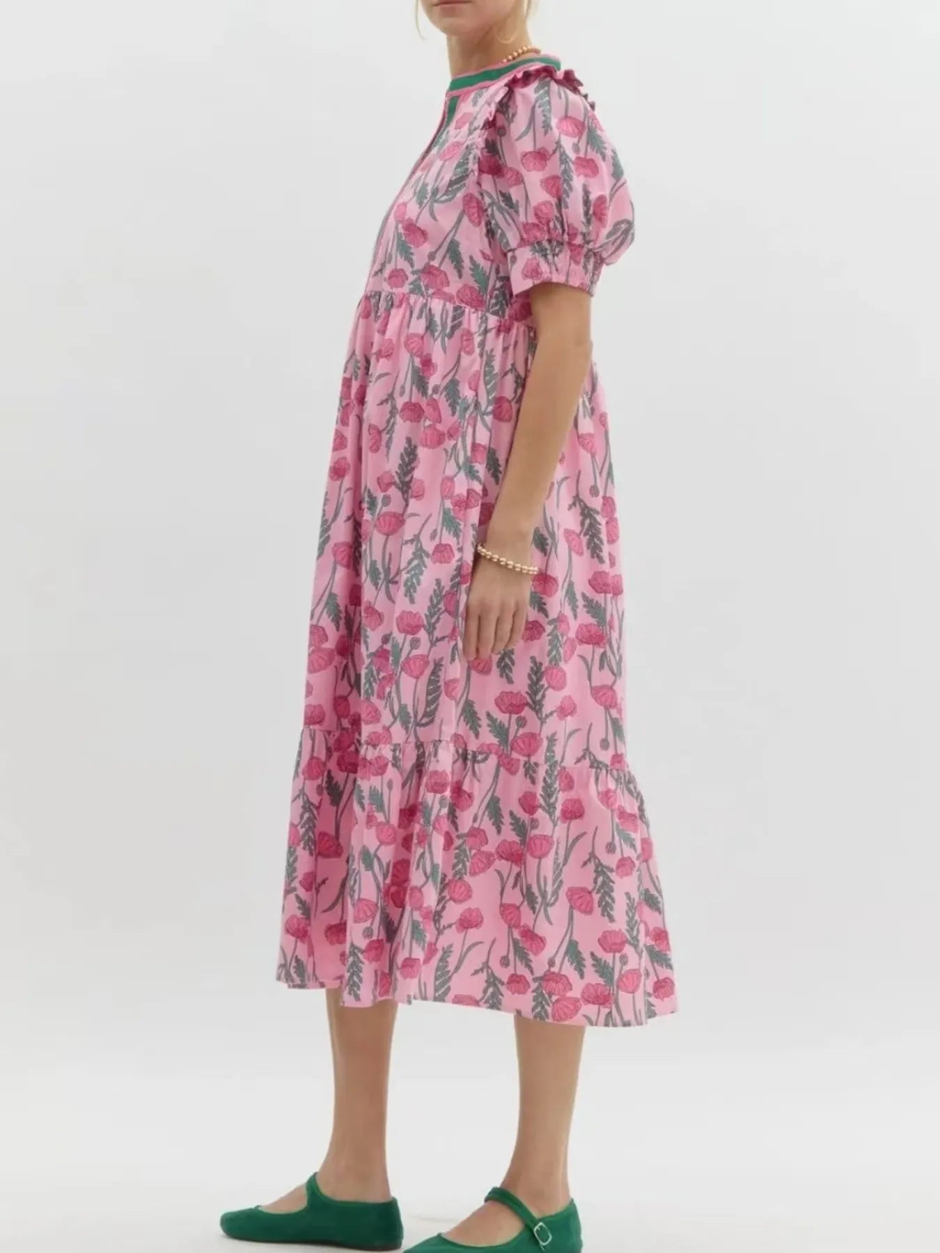 Floral Puff Sleeve Midi ruffed Dress with Contrast Trim - Grace Beauty H&C 
